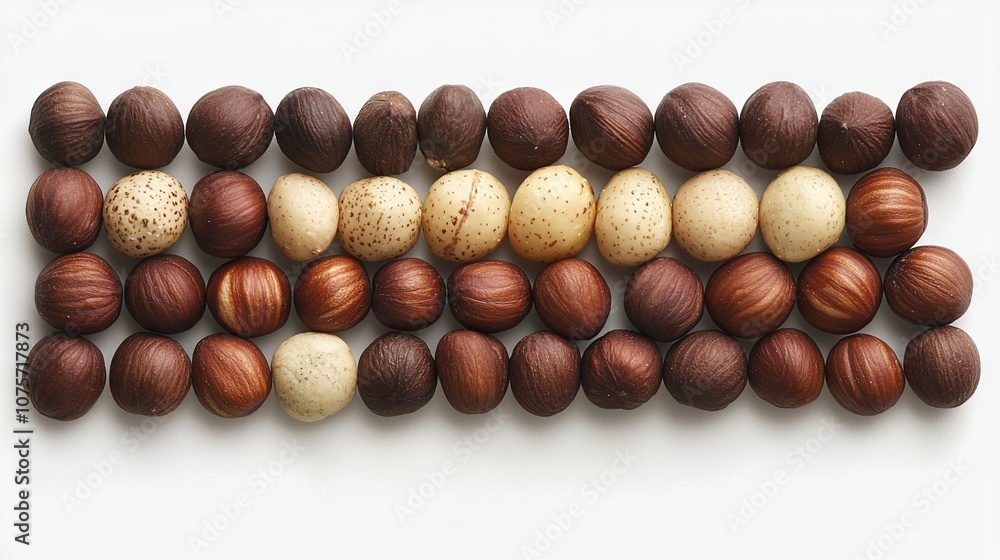 Poster a cluster of nuts positioned together on a white platform, featuring two nuts in the center