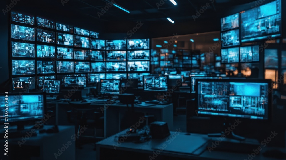 Poster a dimly lit control room filled with multiple screens displaying data and surveillance feeds.