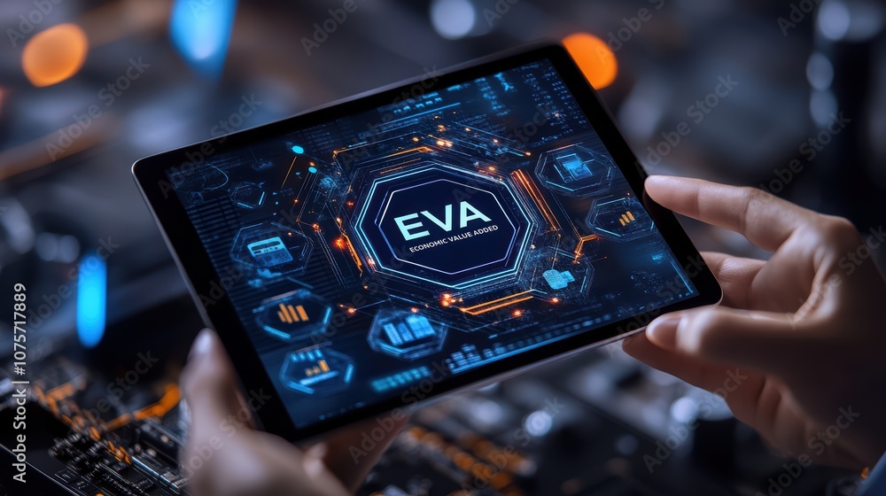 Poster futuristic digital interface on tablet displaying advanced technology concept in high-tech environme