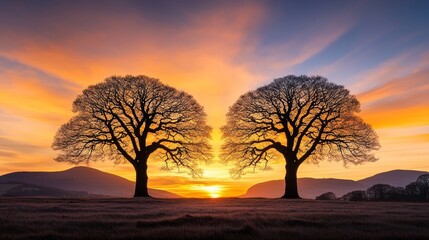 Fototapeta premium Bare trees silhouetted against twilight, peaceful landscape, moody sky