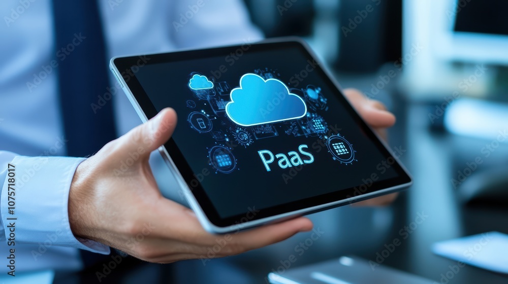 Poster hands holding tablet displaying cloud computing paas concept with digital interface and technology i