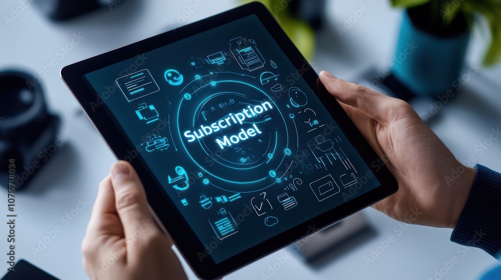 Poster hands holding digital tablet displaying subscription model concept with futuristic interface and ico