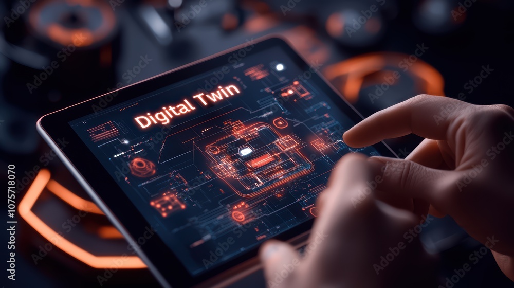 Poster futuristic digital twin concept on tablet display with holographic interface in high-tech environmen