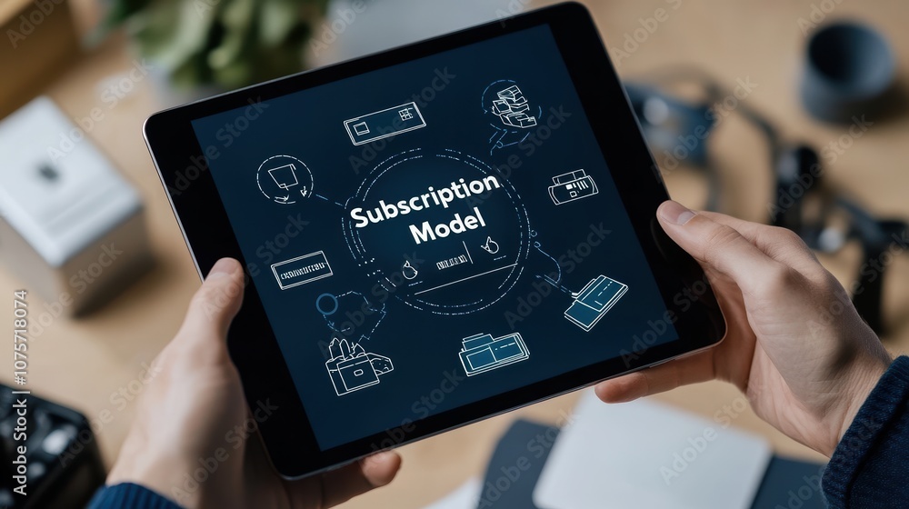 Aufkleber hands holding tablet displaying subscription model concept with digital icons and business strategy 