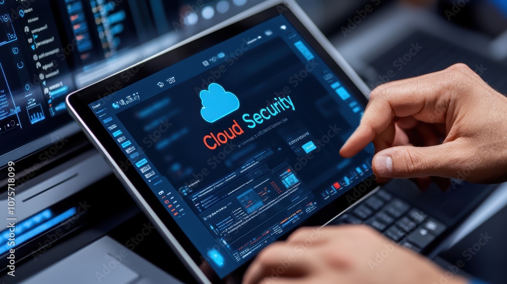 Poster hands using tablet with cloud security interface in modern data center environment for cybersecurity