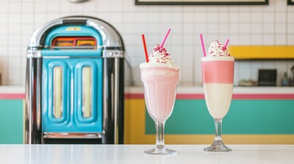 Obraz premium Vintage Soda Fountain with Colorful Milkshakes and Retro Diner Atmosphere, Featuring Pink and White Creamy Delights Alongside Classic Jukebox Background