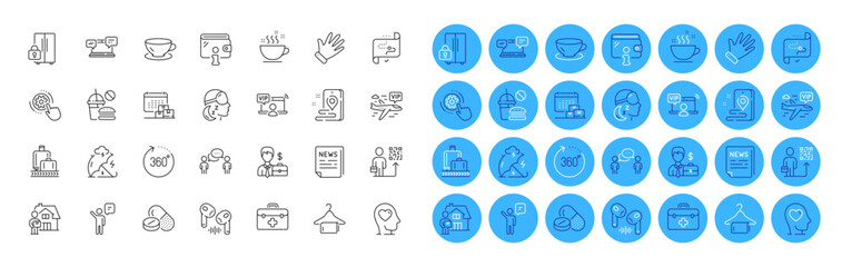Espresso, Stress protection and Target path line icons pack. Businessman case, Vip flight, Fast food web icon. Refrigerator, Leadership, Internet chat pictogram. First aid. Color icon buttons. Vector