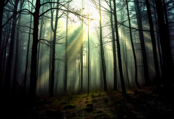 Naklejka premium Silent Forest in spring with beautiful bright sun rays