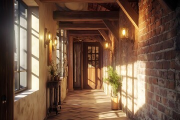 Sunlit Hallway with Wooden Beams and Brick Walls