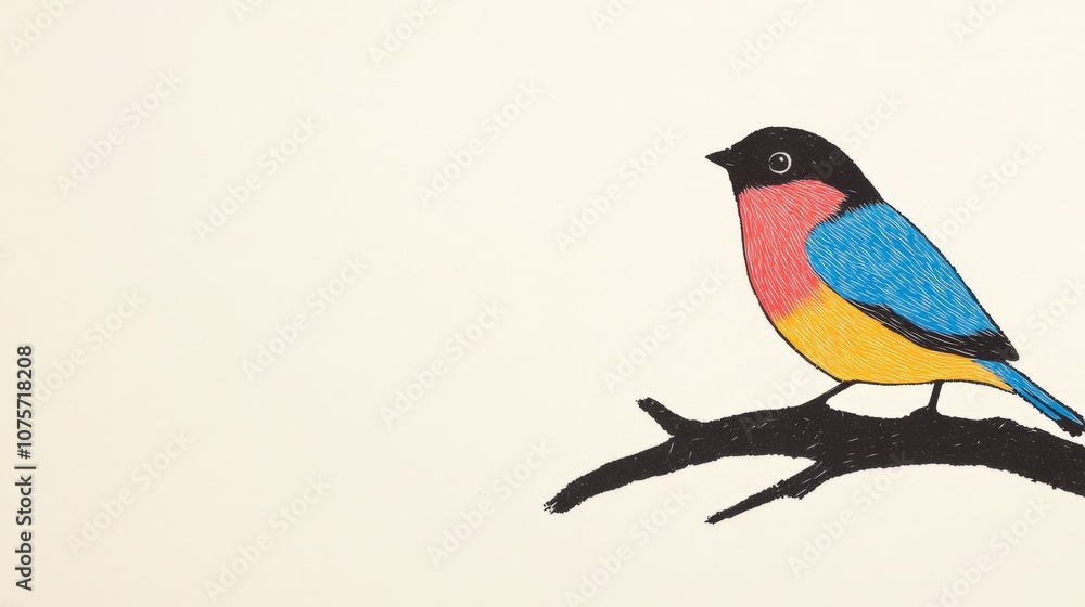 Poster vibrant illustration of a colorful bird perched on a branch with a minimalistic background ideal for