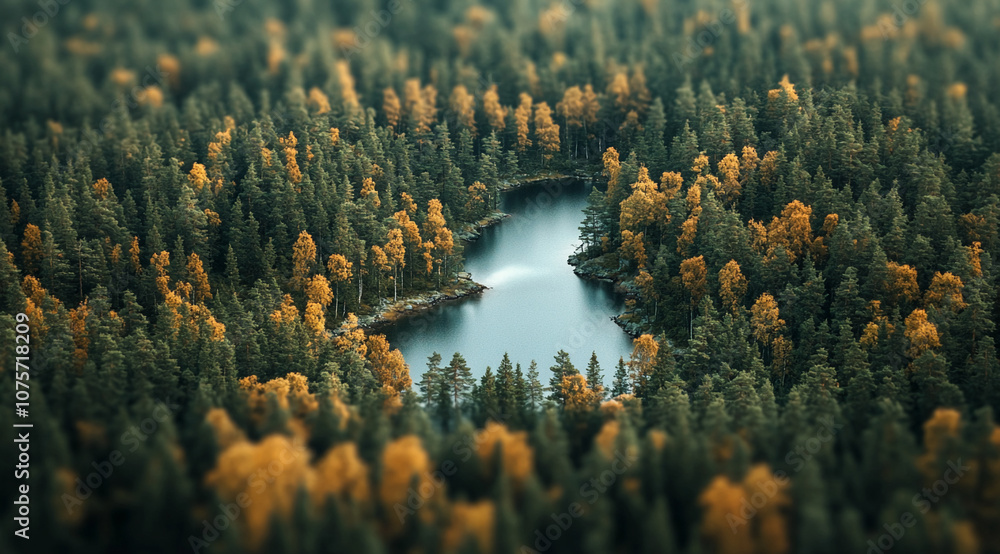 Poster a small, winding lake is surrounded by a thick forest of tall evergreen trees with hints of autumn f