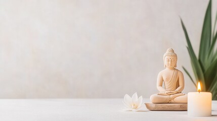 Obraz premium Serene Buddha Statue Surrounded by Candle, White Lotus Flower, and Green Leaves in Tranquil Atmosphere for Meditation and Mindfulness Practice