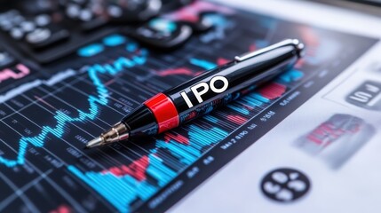 Close-Up of Pen with IPO Text on Financial Chart Background Indicating Stock Market and Investment Concepts