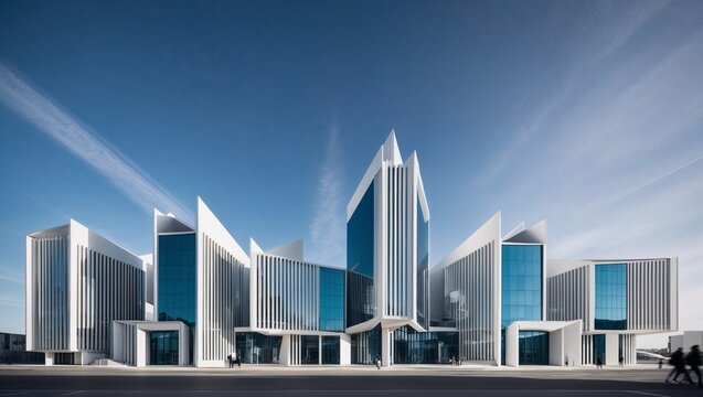 Architettura moderna con facciata geometrica e vetrate blu