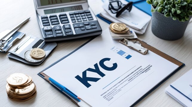 KYC Document on Office Desk with Calculator, Coins, and Plant for Financial Compliance and Business Verification
