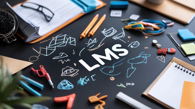 Creative Workspace with Learning Management System Concept on Black Desk with Stationery and Doodles