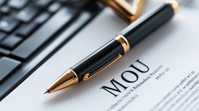 Elegant Pen Resting on Memorandum of Understanding Document Near Computer Keyboard in Office Setting