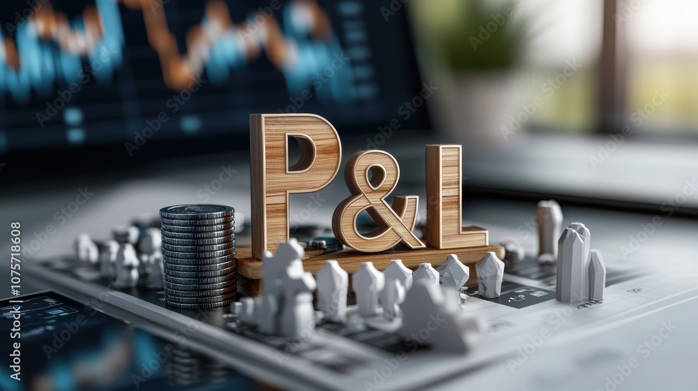 Poster financial growth concept with p&l letters and stacked coins on digital graph background