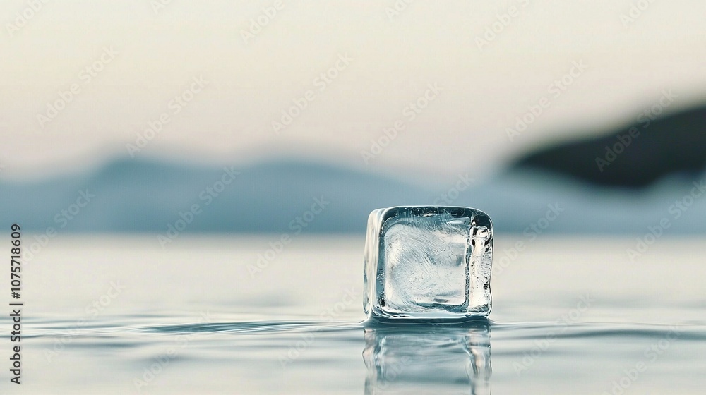 Poster an ice cube floats atop water, surrounded by a hazy sky and distant mountain range