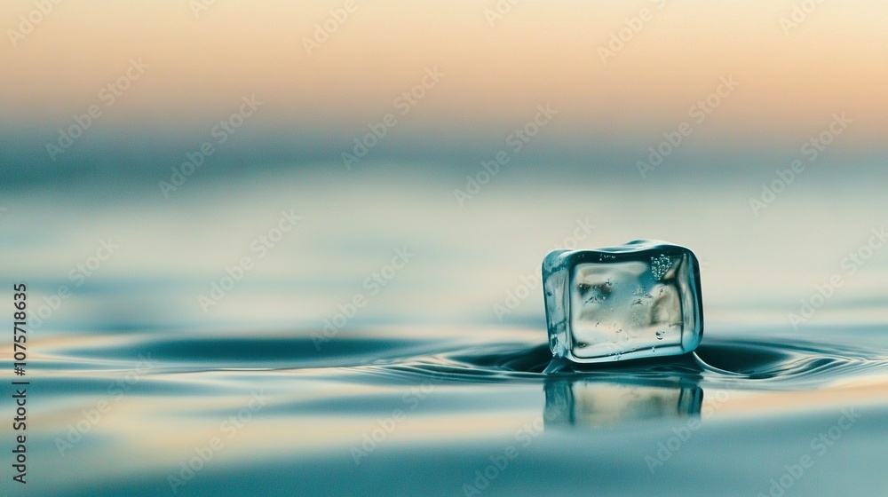 Poster an ice cube hovering over a body of water with a hazy sky behind it