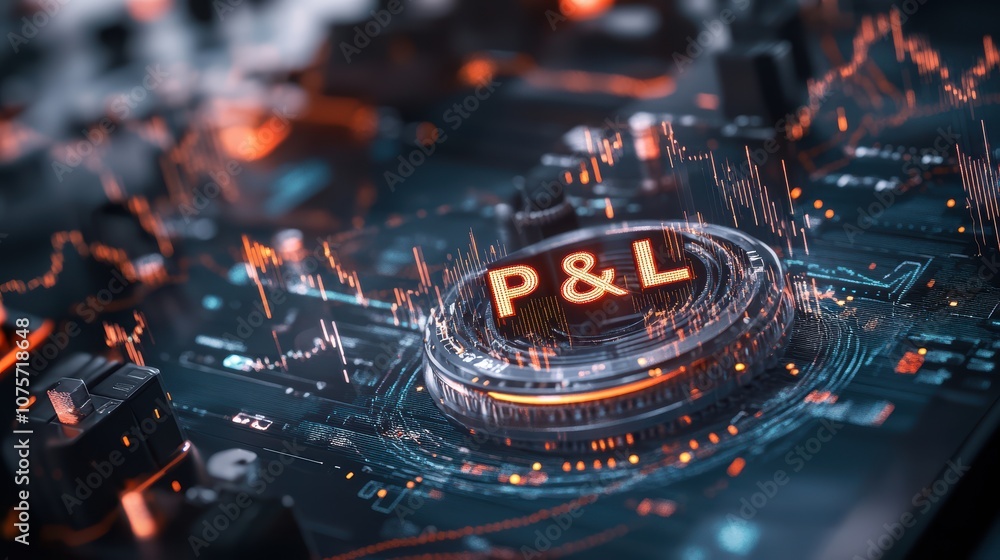 Poster futuristic digital interface displaying profit and loss data with neon lights and graphs in a high-t