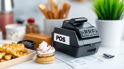 Modern POS System on Counter with Dessert and Fries in Bright Cafe Setting