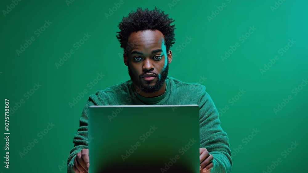 Poster young adult is concentrating while typing on his computer, potentially engaged in coding or software