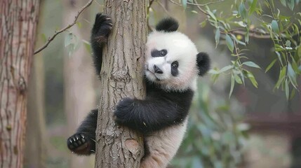 Obraz premium A Curious Panda Cub Holding onto a Tree Trunk in a Forest