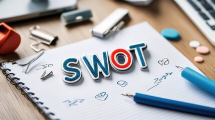 SWOT Analysis Concept with Colorful Letters on Notepad Surrounded by Office Supplies and Laptop for Business Strategy Planning