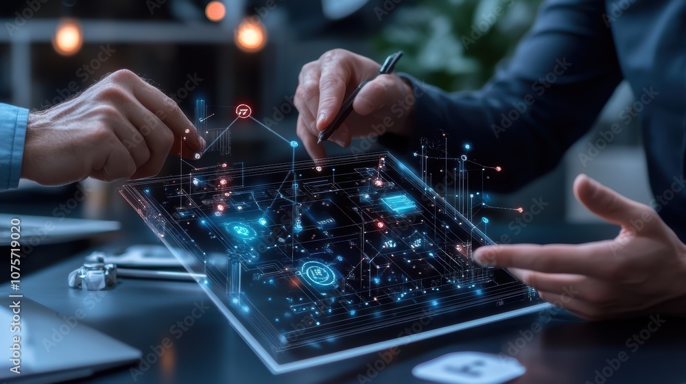Poster futuristic digital interface with holographic display in modern office setting