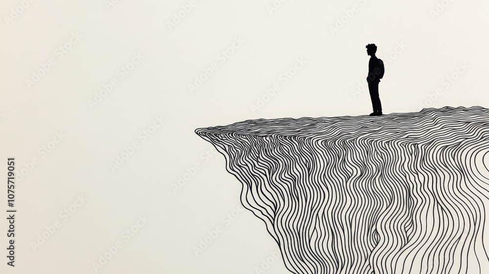 Poster contemplative figure standing on the edge of an abstract cliff surrounded by flowing lines and minim