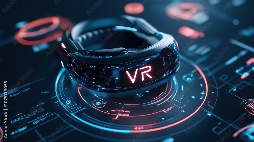 Aufkleber futuristic virtual reality headset on digital interface with neon lights and holographic elements in