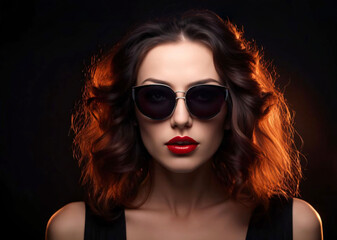 Fototapeta premium Brunette Woman Wearing Stylish Round Sunglasses. Close-up portrait of a brunette woman with windblown hair, wearing round sunglasses against a dark background. 