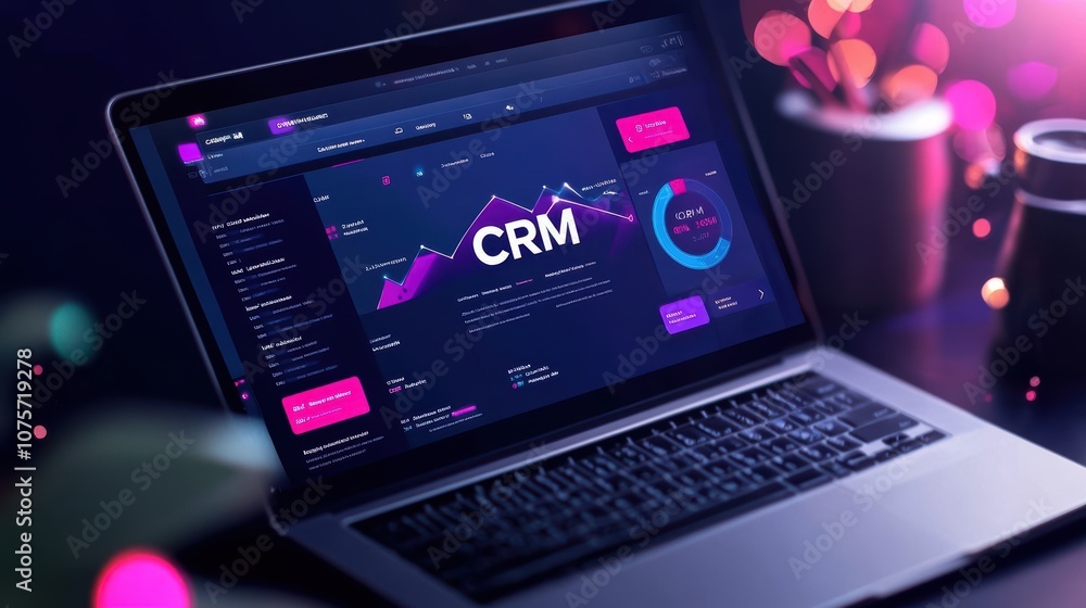 Poster modern crm software interface displayed on laptop with vibrant neon lights in background for busines