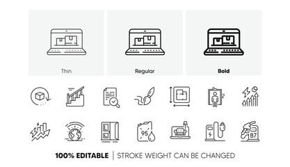 Electricity consumption, Diesel station and Floor plan line icons. Pack of Consumption growth, Web inventory, Open door icon. Petrol canister, Stairs, Greenhouse pictogram. Line icons. Vector