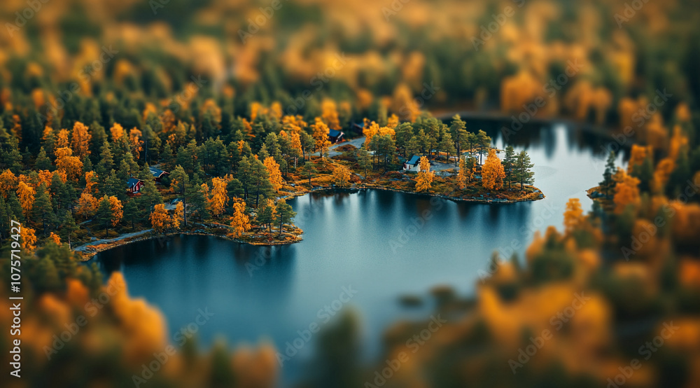 Poster an aerial view of a lake surrounded by colorful fall trees