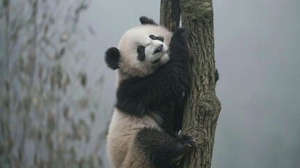 A Curious Panda Cub Climbs a Tree Trunk