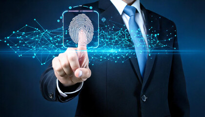 Businessman using fingerprint identification to access personal financial data. Generative Ai