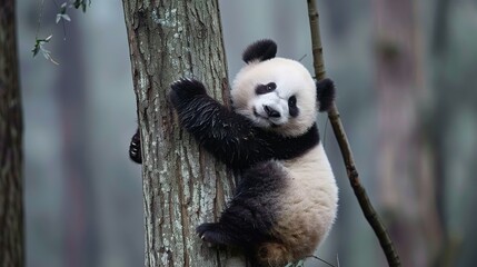 Obraz premium A Curious Panda Cub Climbing a Tree in the Forest