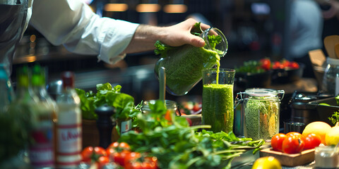 Female preparing mint and cucumber puree after a week after delivery to heal wounds , and to enhance stomach function, after delivery by c section mother drink puree to avoid consequences of surgery