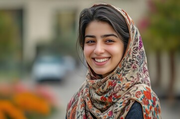 Portrait of a Smiling Young Pakistani Woman in a Traditional Scarf Outdoors