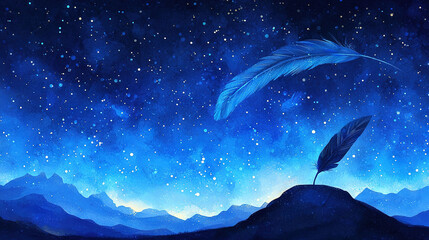   A stunning painting depicts a lone feather atop a towering mountain beneath a vast, star-studded sky
