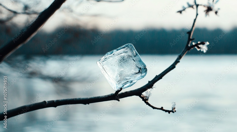 Poster an ice block resting atop a tree limb near a water body surrounded by trees