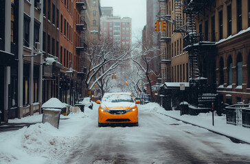 Yellow cab driving on snowy street in manhattan during snowfall