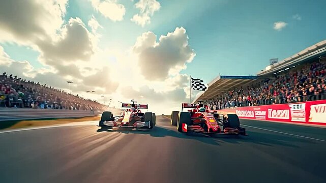 Two Formula 1 Race Cars Crossing Finish Line with Chequered Flag