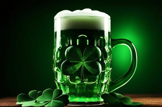 Glass of green beer with frothy head. A tall glass of vibrant green beer with a frothy white head, illuminated on a green background, symbolizing celebration or St. Patrick's Day.
