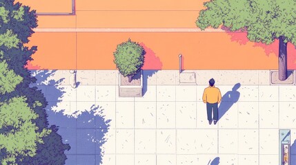 Aerial View of a Solitary Figure in a Vibrant Urban Landscape with Shadows and Lush Greenery, Depicting a Sense of Reflection and Peaceful Ambiance in City Life