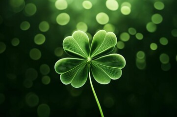 Vibrant Green Clover with Glowing Background. Close-up of a luminous green clover leaf surrounded by a glowing dark green background, symbolizing luck and nature.

