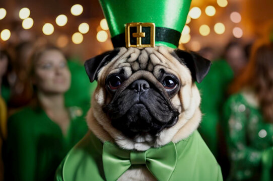 Dog dressed in St. Patrick’s Day costume. A playful dog wearing a green St. Patrick’s Day costume, surrounded by people in festive attire, celebrating with clovers.

