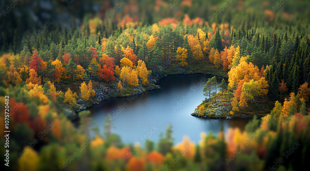 Poster a winding lake surrounded by trees in vibrant autumn colors, captured from an aerial view. the trees